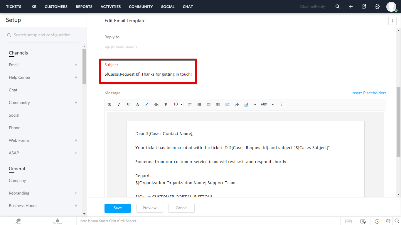 Subject line starting with ${Cases.Request Id}