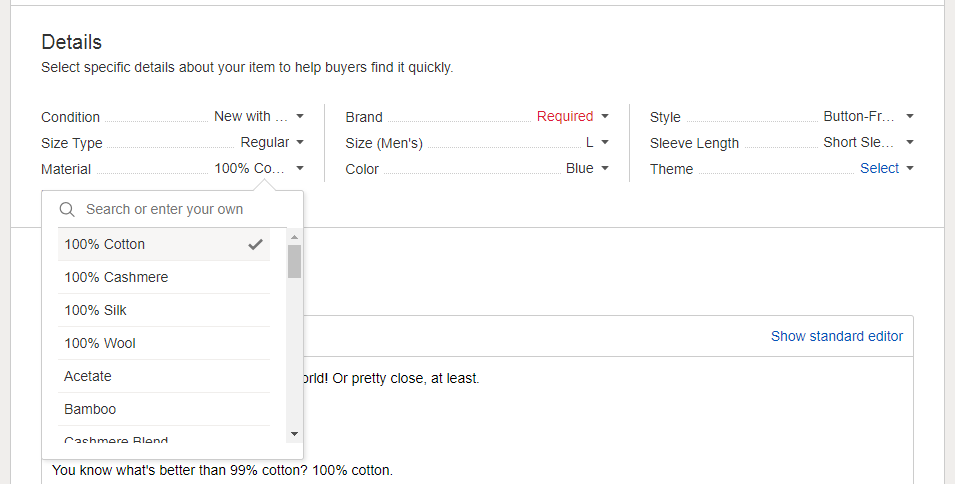 Selecting 100% Cotton in eBay Item Specifics