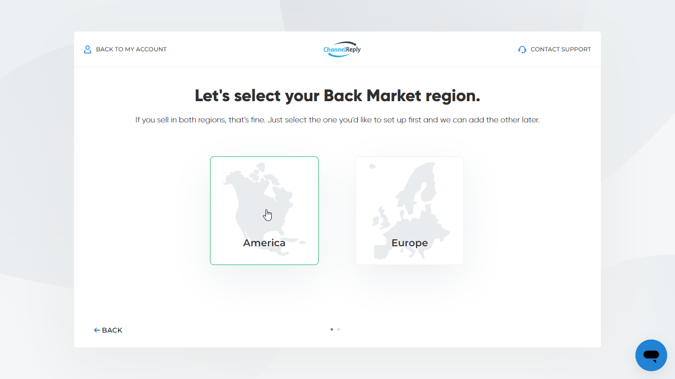 Back Market region selection with America and Europe options