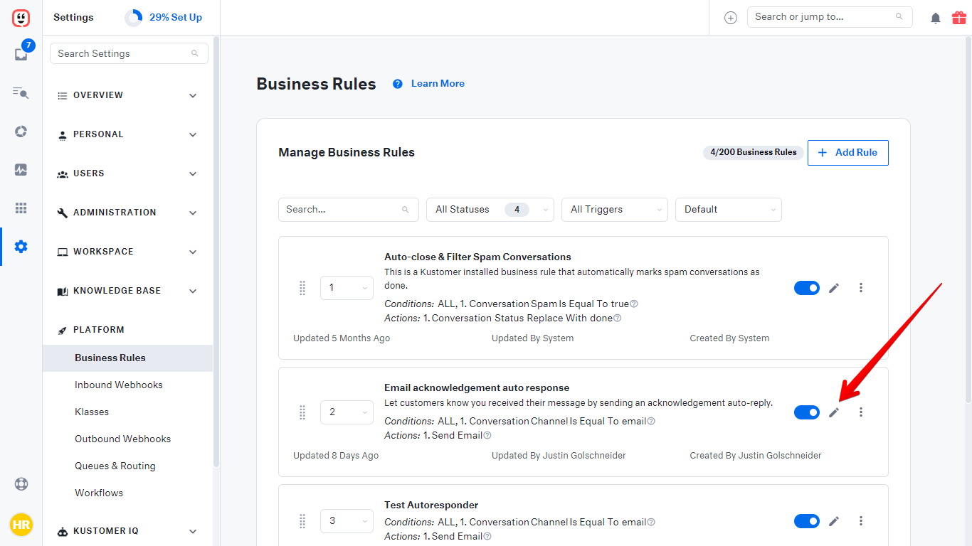 Edit button on the Email acknowledgement auto response business rule