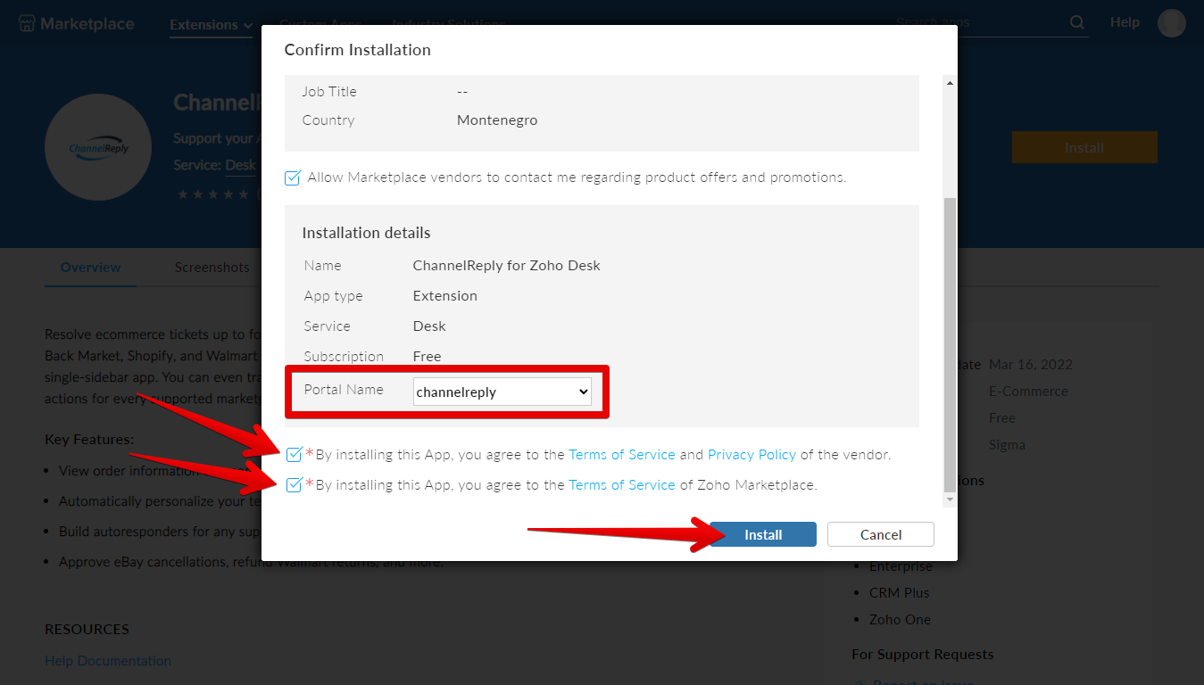 Portal Name dropdown, Terms of Service boxes, and Install button in the app installation popover