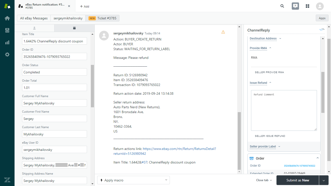 Provide RMA or Issue Refund on an eBay Return in the ChannelReply App