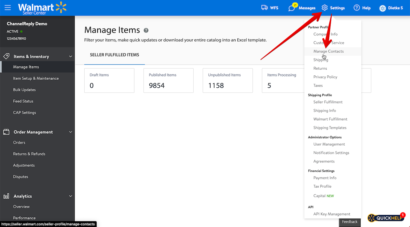 Select Settings and Manage Contacts