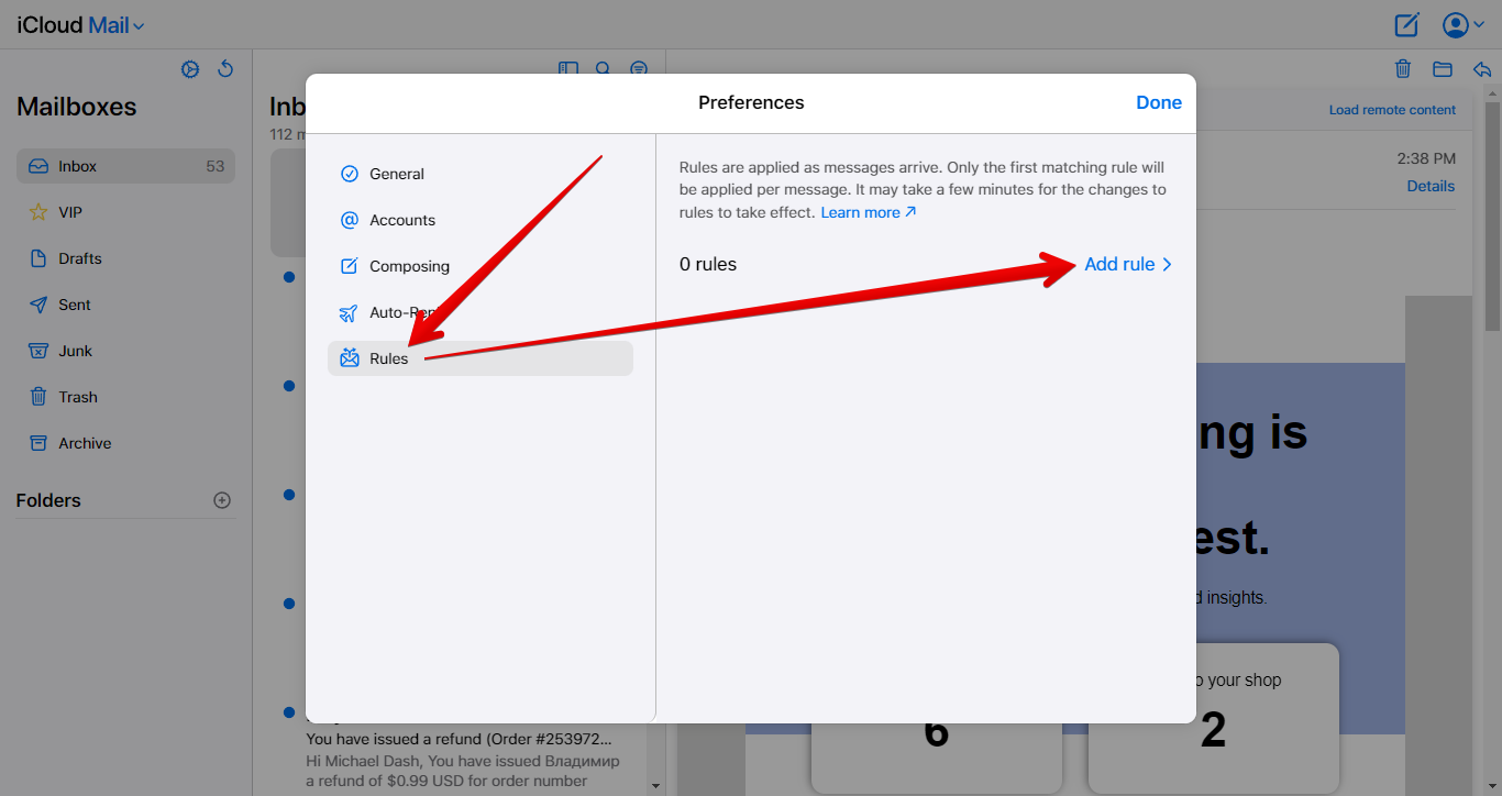 Rules and Add rule button in iCloud Mail