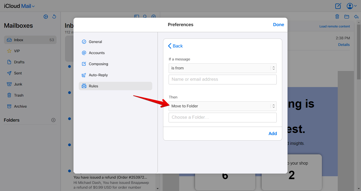 Move to Folder dropdown