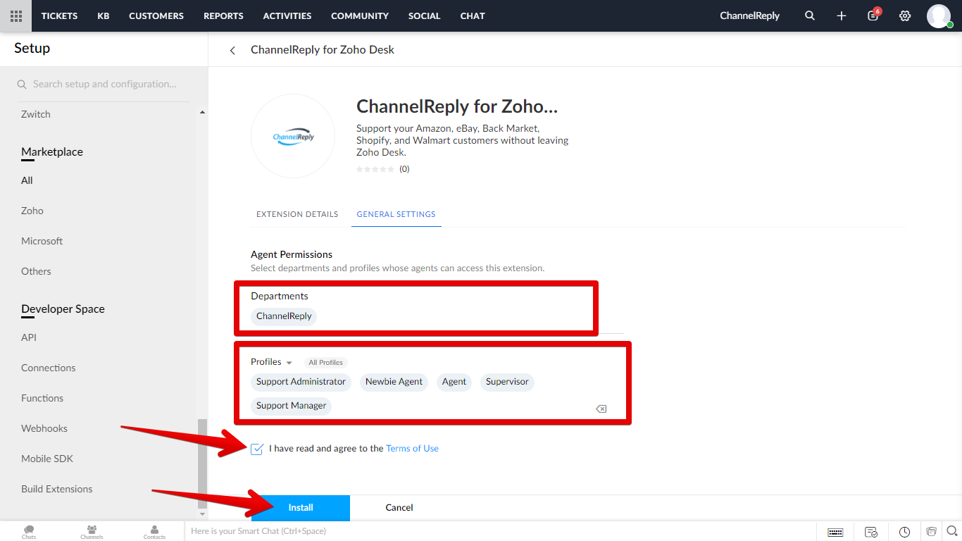 Departments, profiles, Terms of Use agreement checked, and Install button