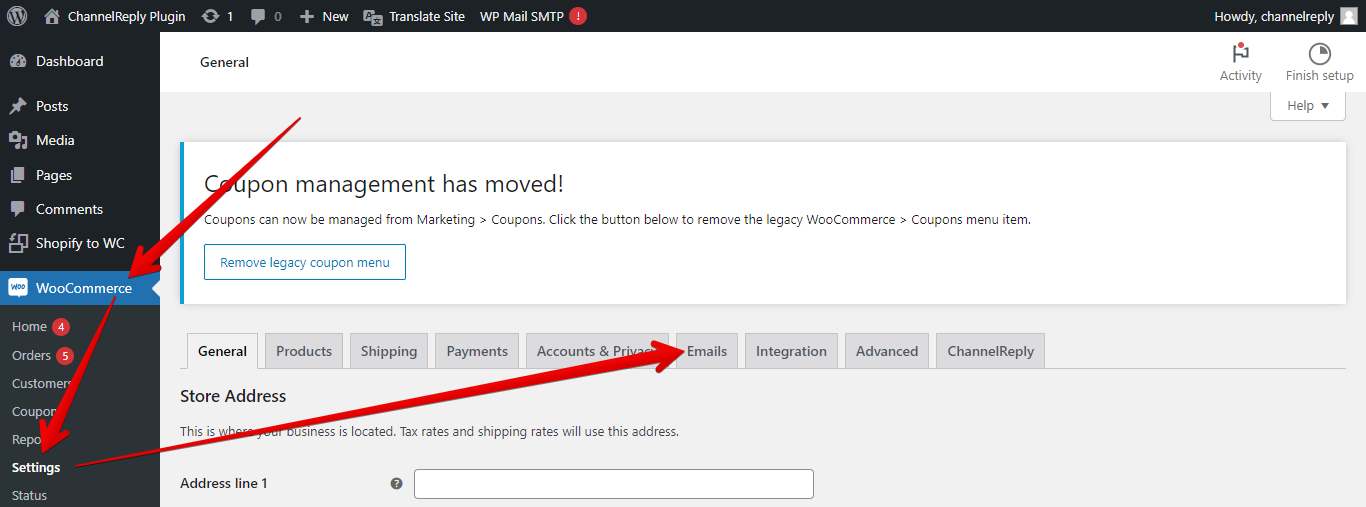 WooCommerce submenu and, Settings option and Emails tab