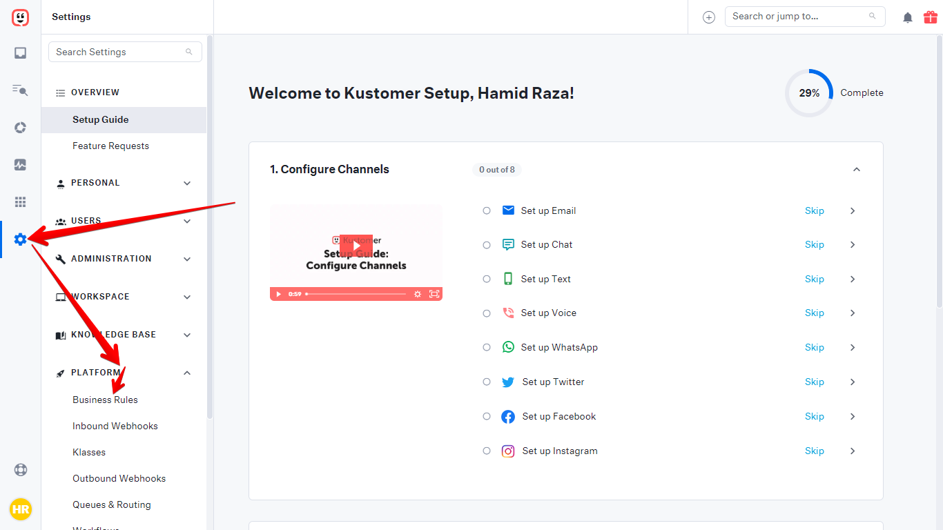 Business Rules under Platform in Kustomer Settings