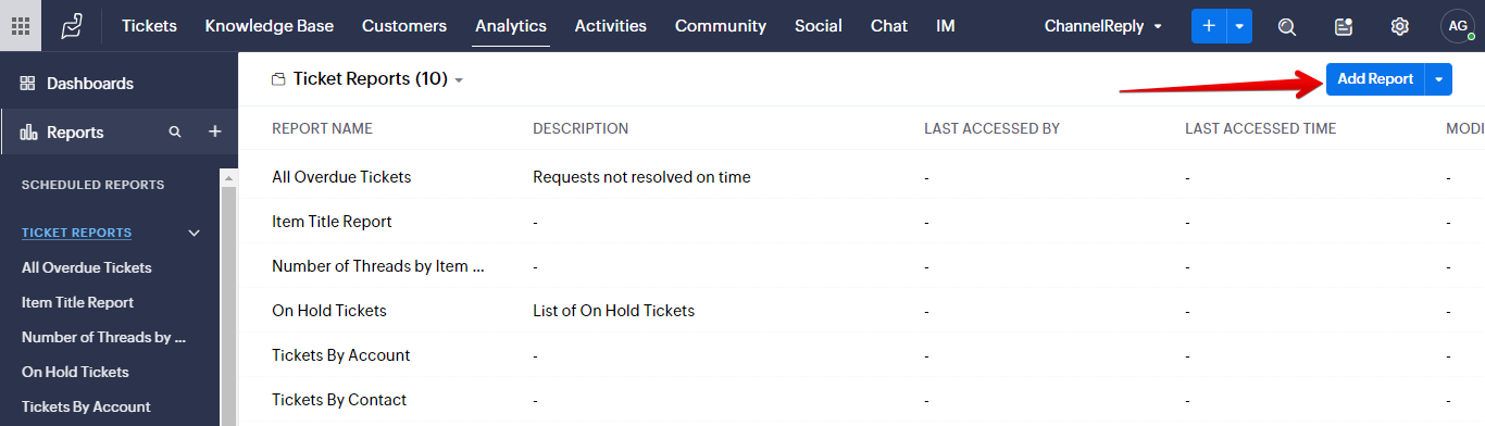 Add Report button in Zoho Desk