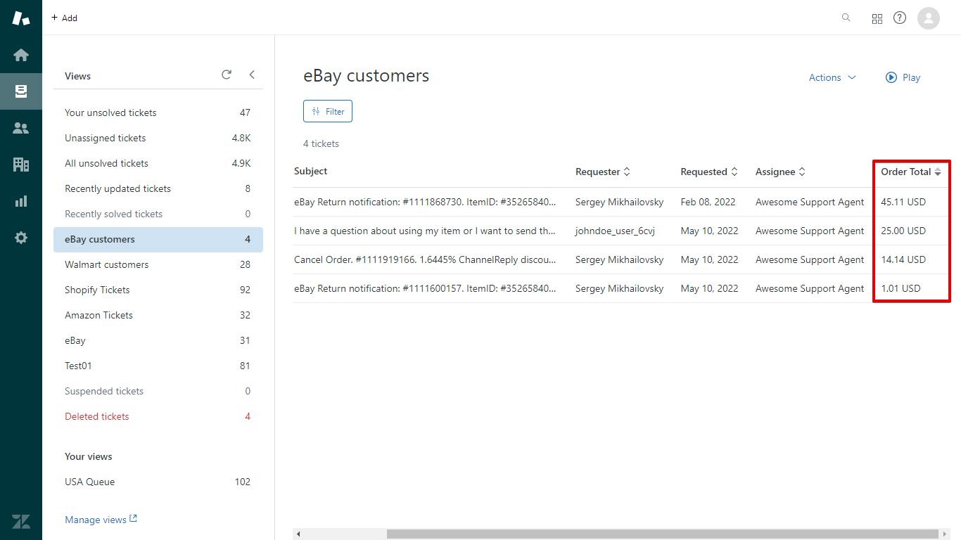 eBay Tickets View Sorted by Order Value