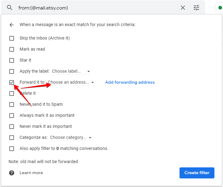 Forward it to box checked and Choose an address field