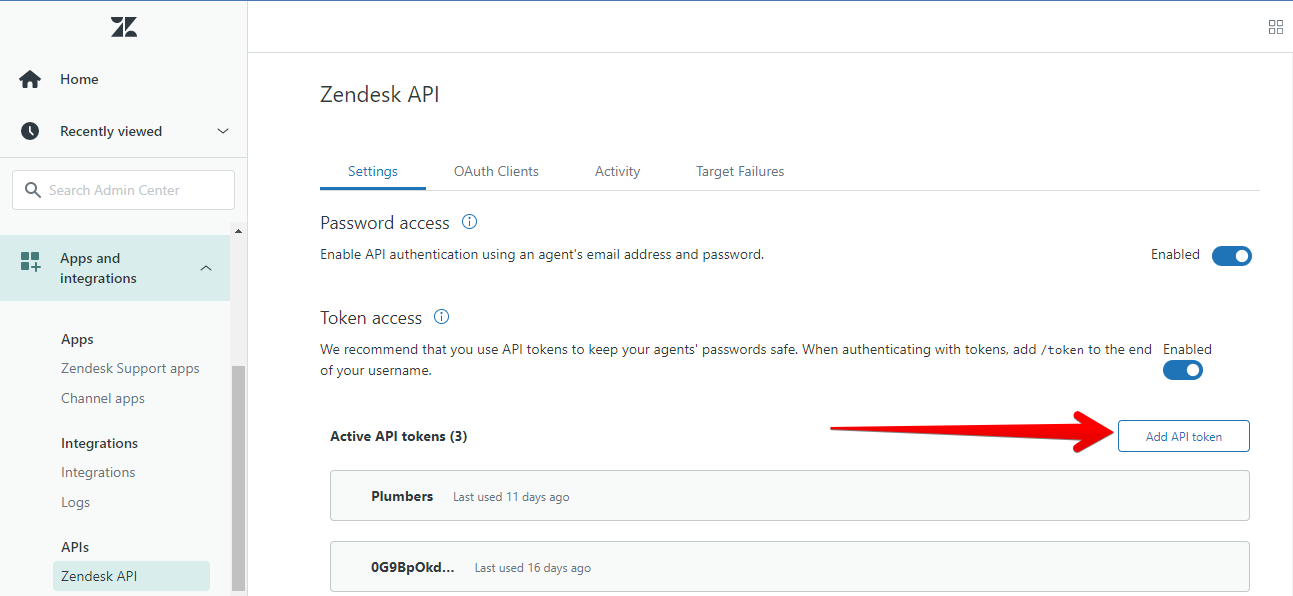 Add API token button in Zendesk