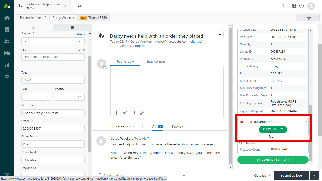 The Reply on Etsy button in ChannelReply on a Zendesk ticket