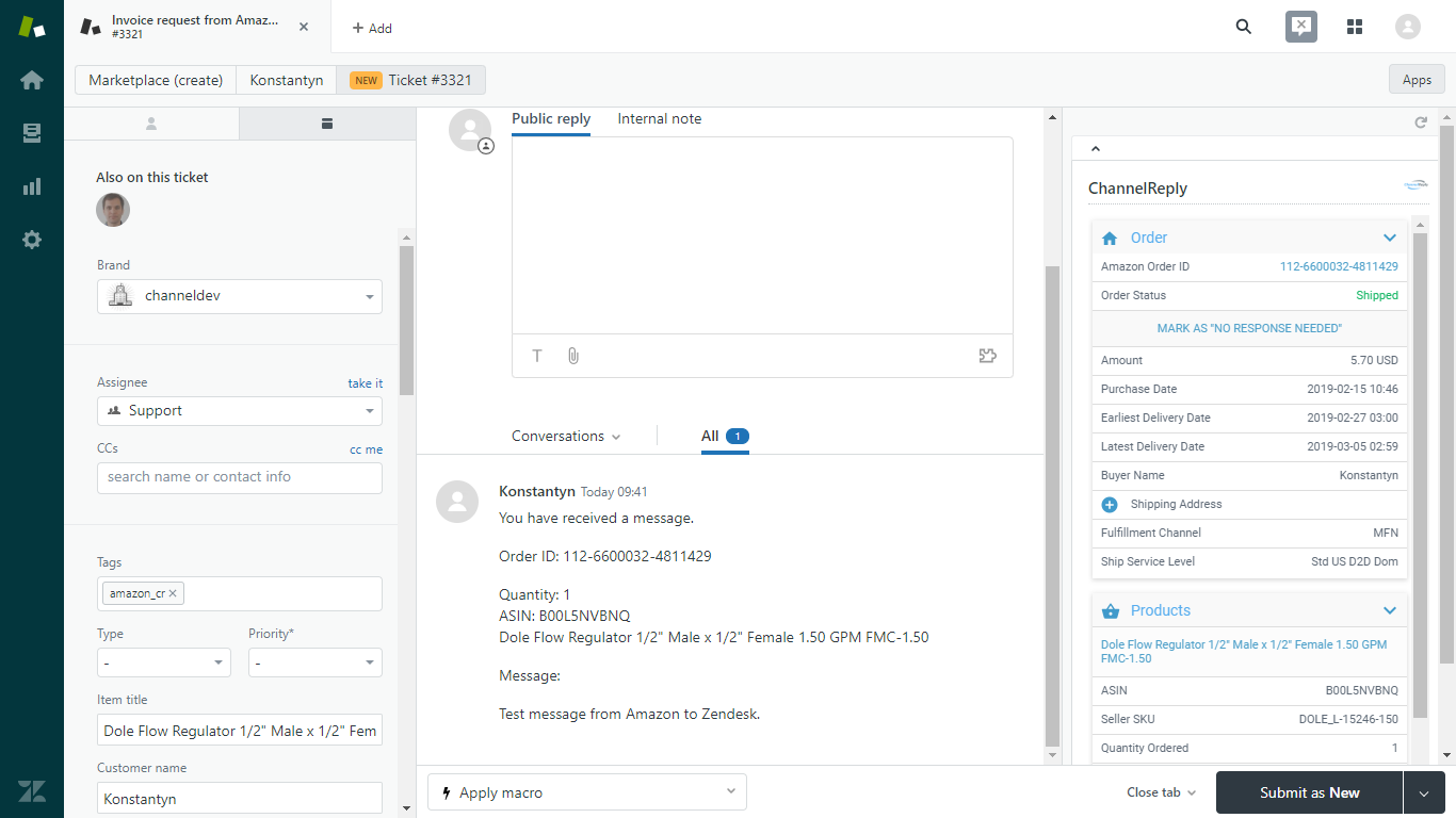 Amazon Ticket in Zendesk with ChannelReply