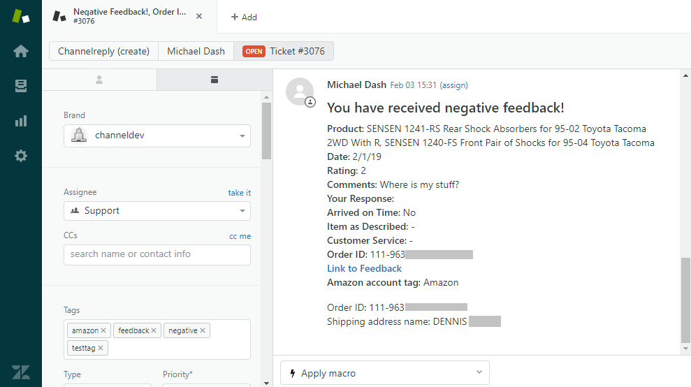 ChannelReply Negative Feedback Notification for Amazon