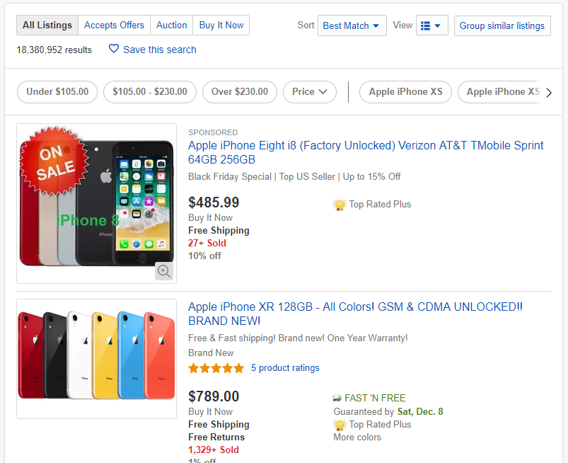 Traditional Listing-Based Search Results on eBay