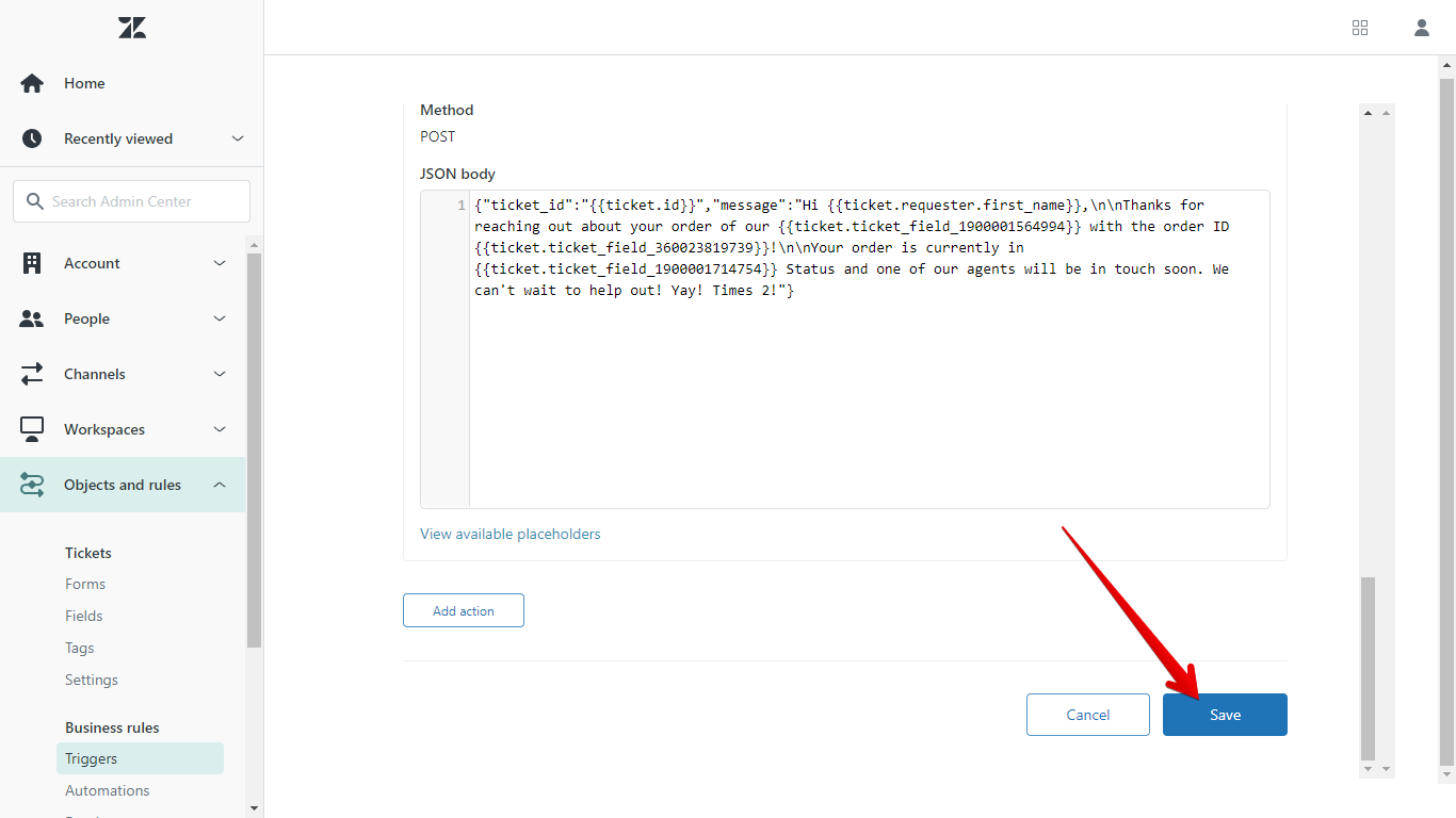 Save button on a Zendesk trigger