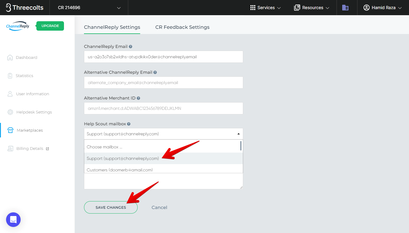 Choose Help Scout Mailbox in ChannelReply