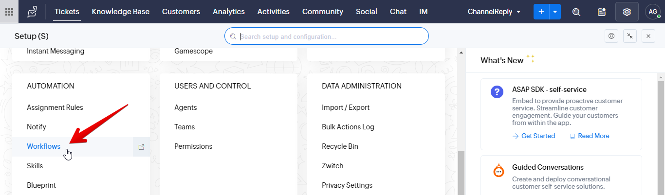 Workflows in the Automation menu of Zoho Desk Setup