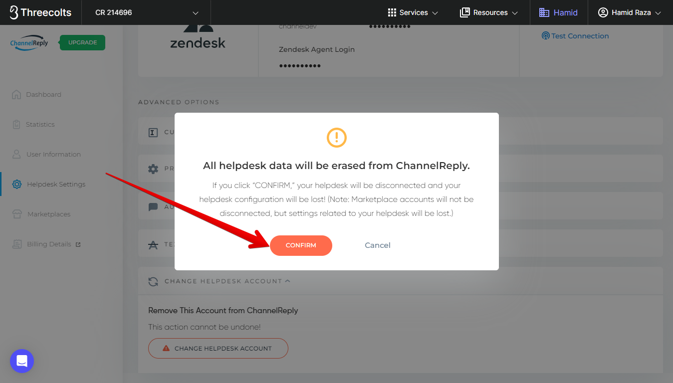 Arrow pointing towards Confirm button in HELPDESK Settings