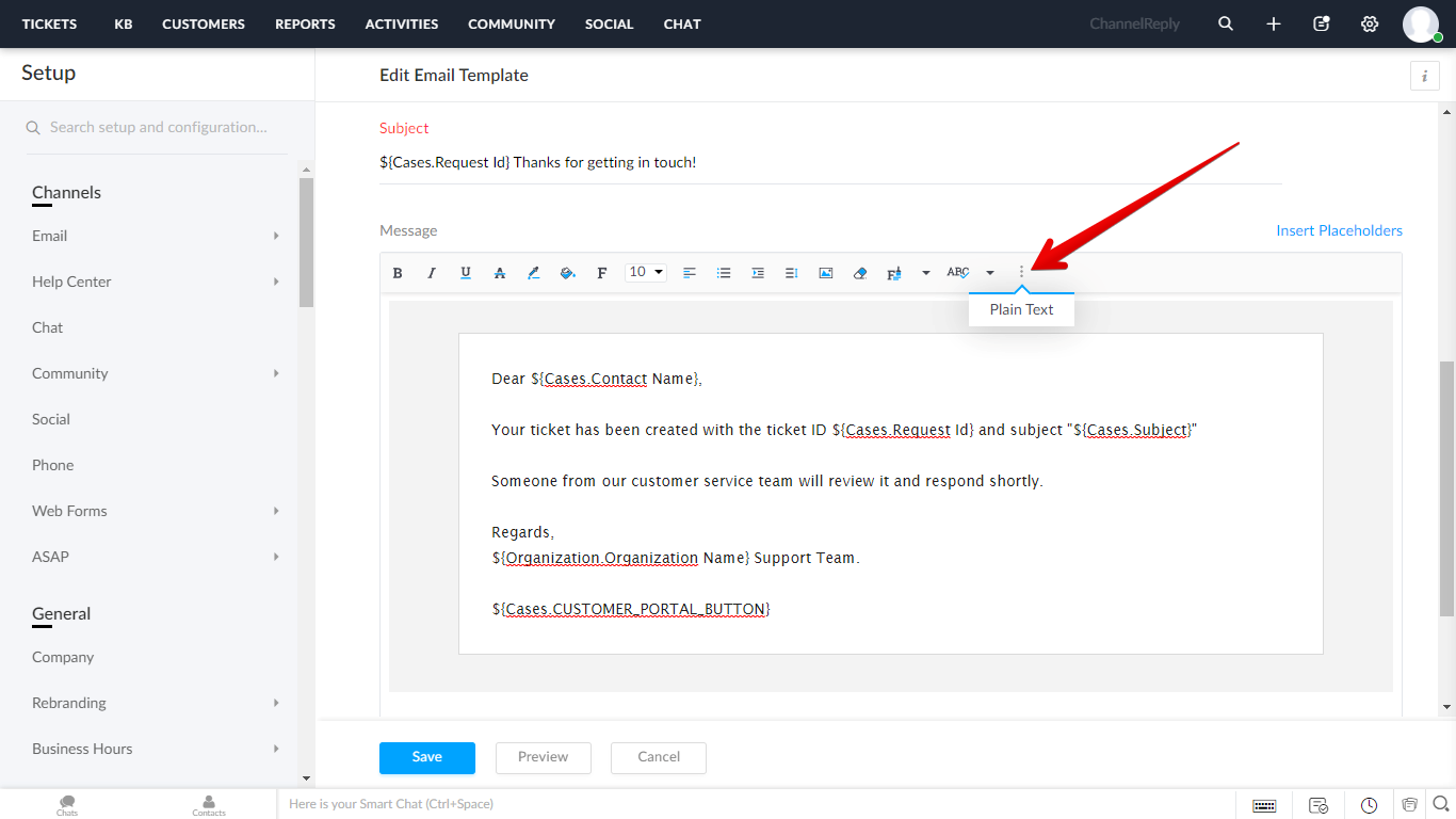 How to switch from rich text to plain text in Zoho Desk