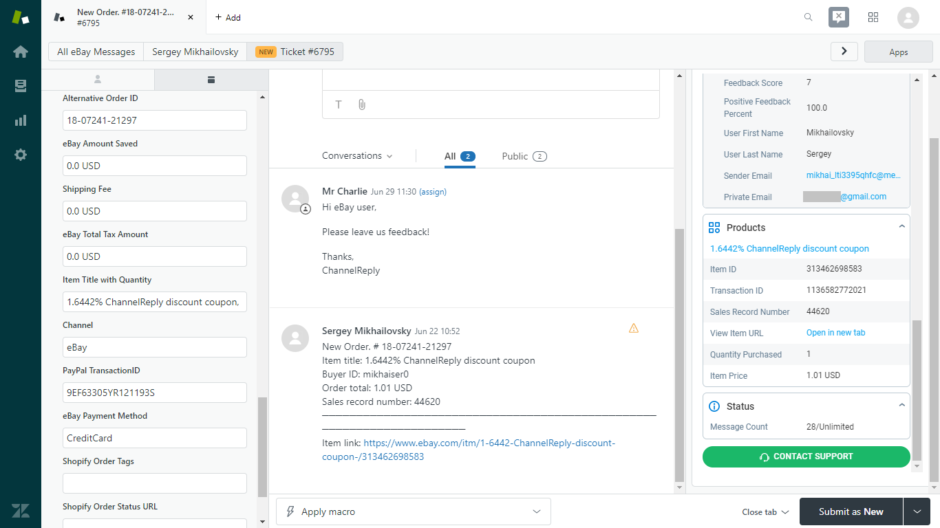 Bottom Third of the ChannelReply Zendesk App on an eBay Ticket