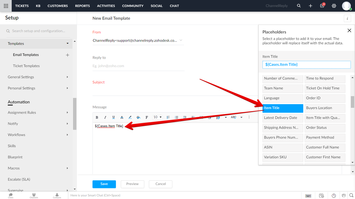 Adding the Item Title Custom Field to an Email Template