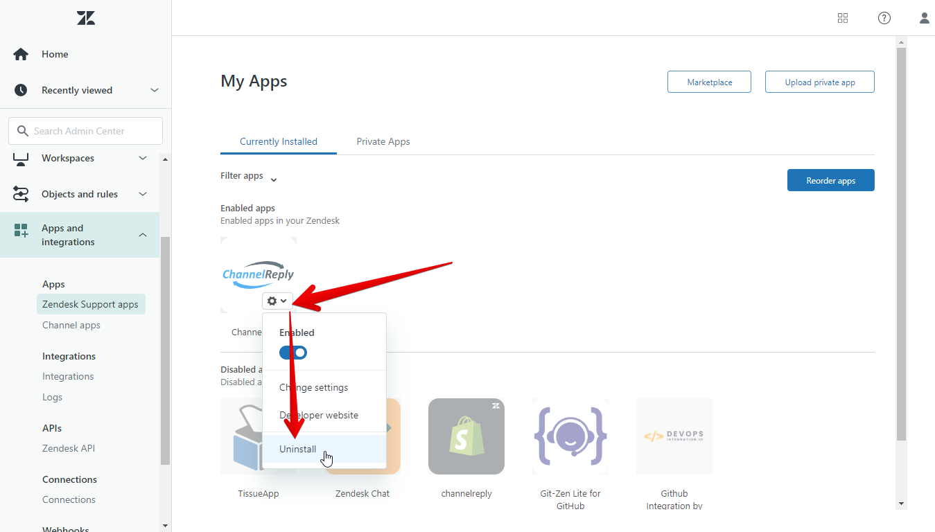 Zendesk Admin Center with an arrow on the gear icon and another one on the "Uninstall" button.