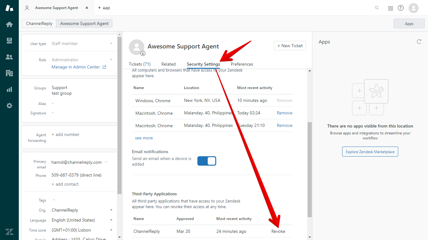 Zendesk profile settings with an arrow on "Security Settings" and the other on the "Revoke" button