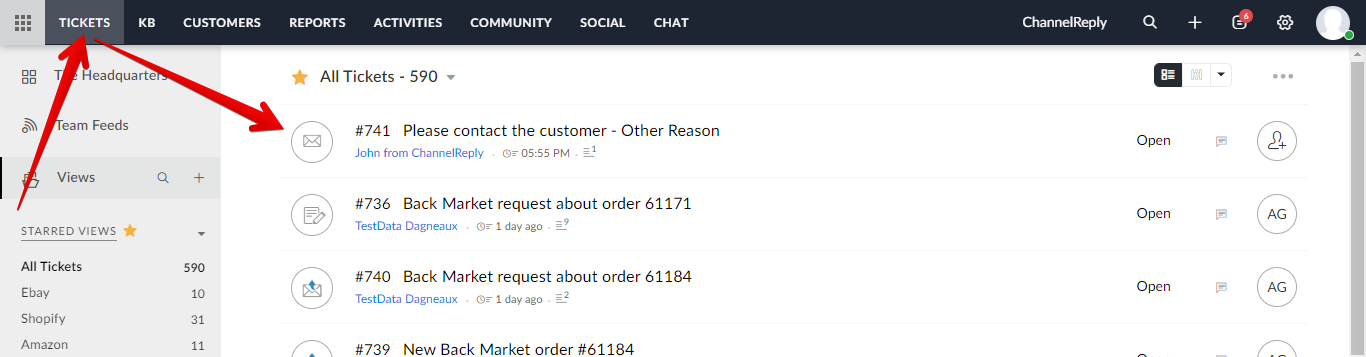 Opening Tickets in the Zoho Desk main menu and choosing a ticket