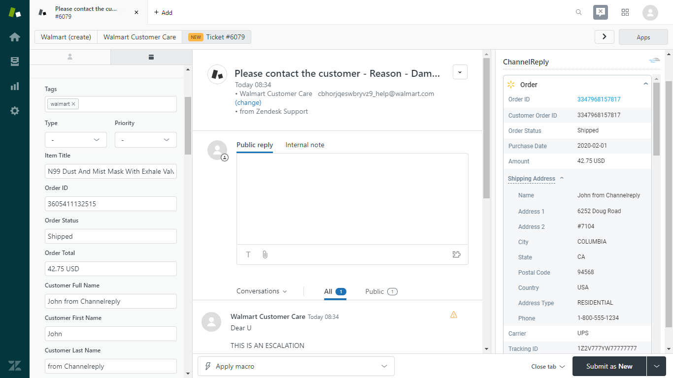 Walmart Ticket in Zendesk with ChannelReply