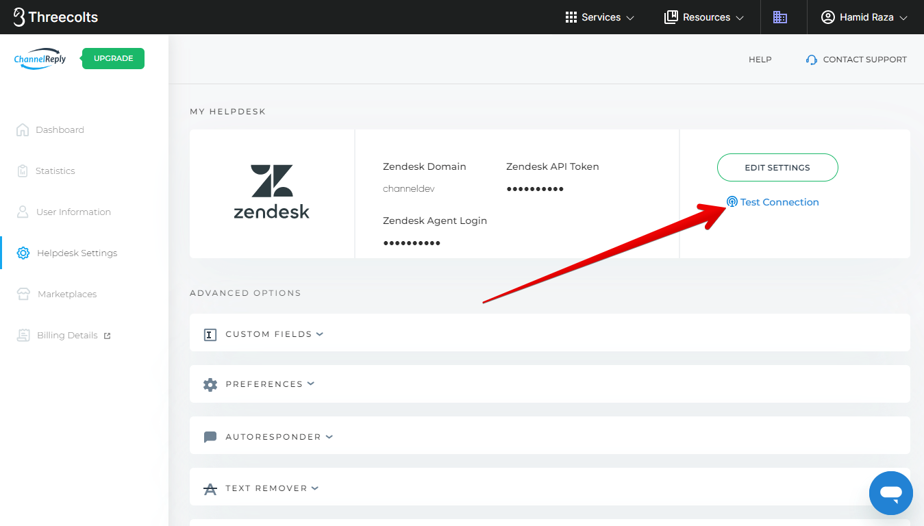 Test Connection button in ChannelReply Helpdesk Settings