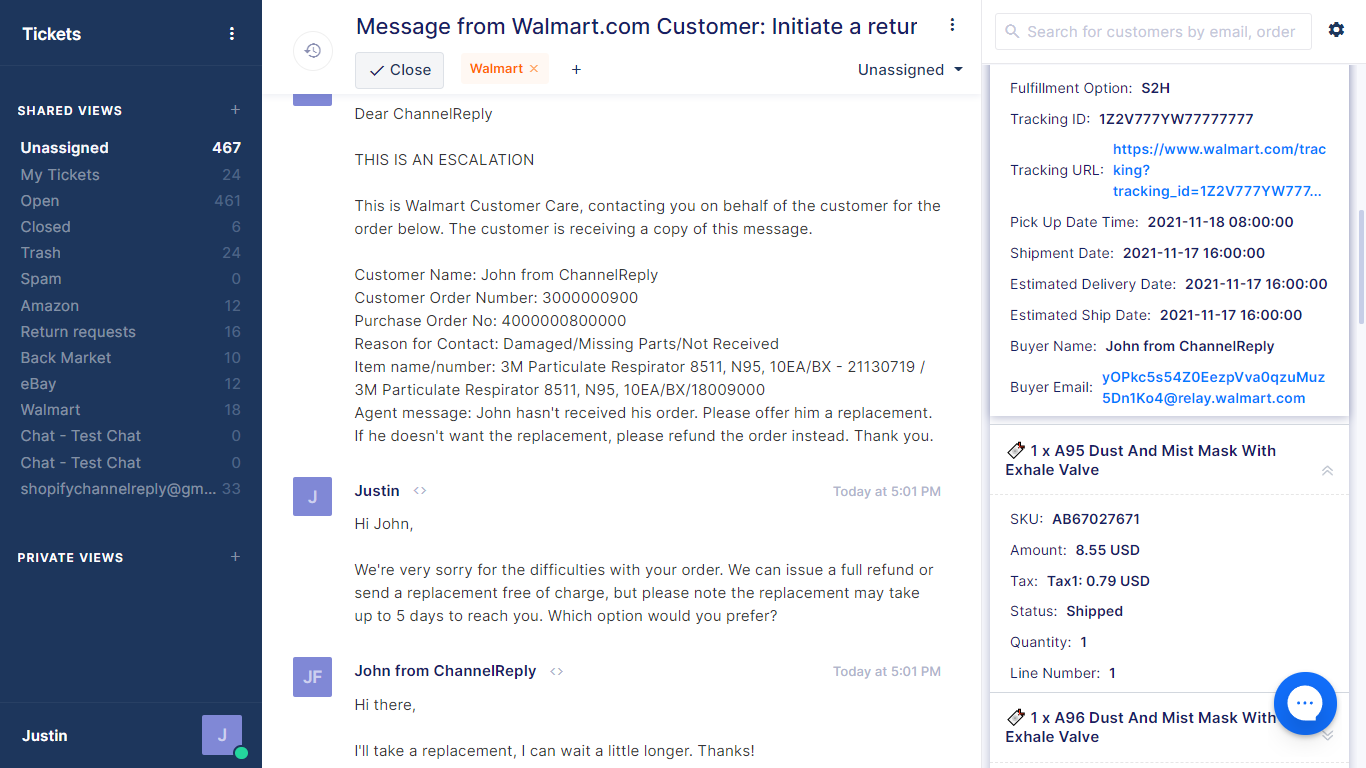 Conversation with a Walmart Customer on an Escalation Ticket in Gorgias