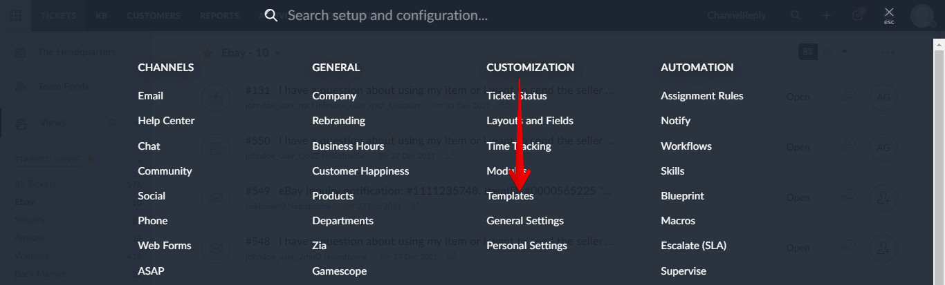 Templates under Customization in Zoho Desk Setup