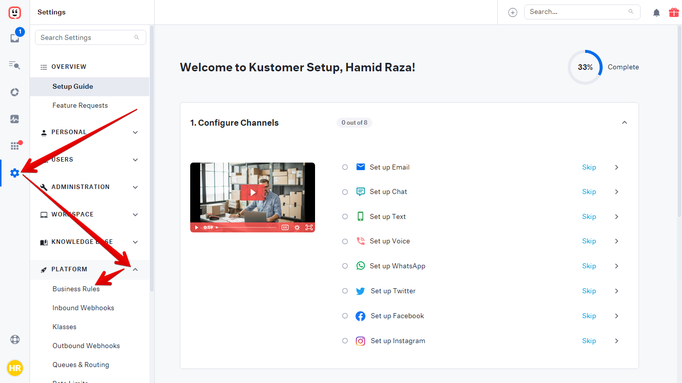Settings icon, Platform dropdown and Business Rules in Kustomer
