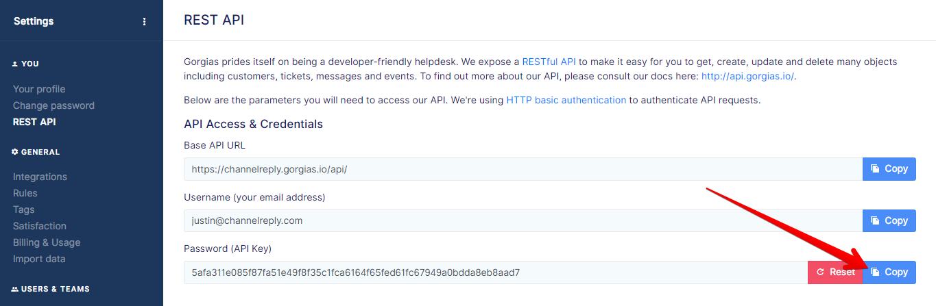 Copy Button for Gorgias API Key
