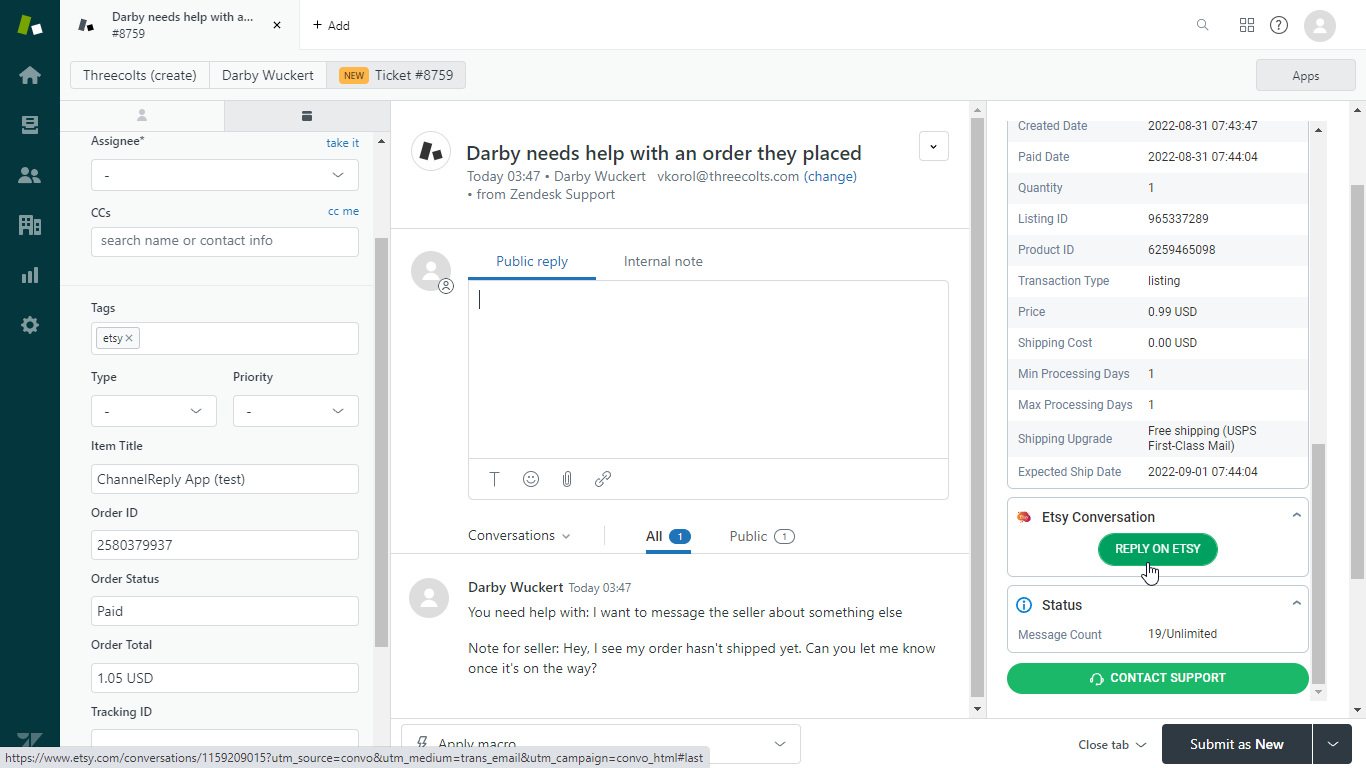 Reply on Etsy button in the ChannelReply app in Zendesk