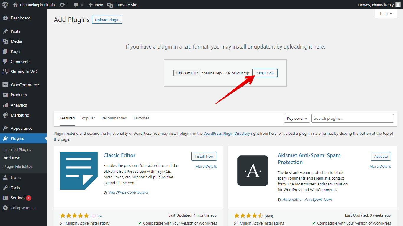 Install Now button for ChannelReply WooCommerce ZIP file