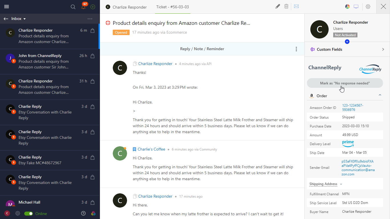Threaded Conversation with an Amazon Customer in Onsite