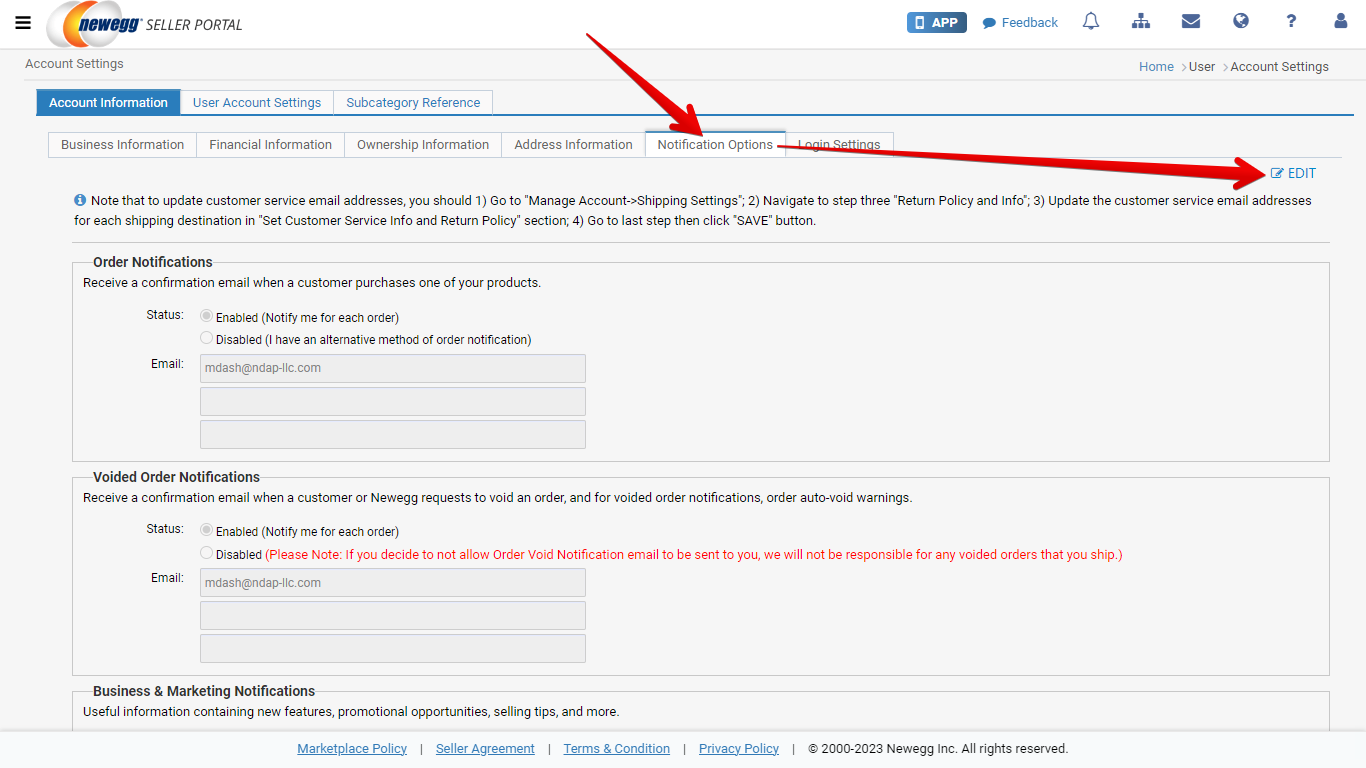 Notification Options and Edit Button in Newegg Account Settings