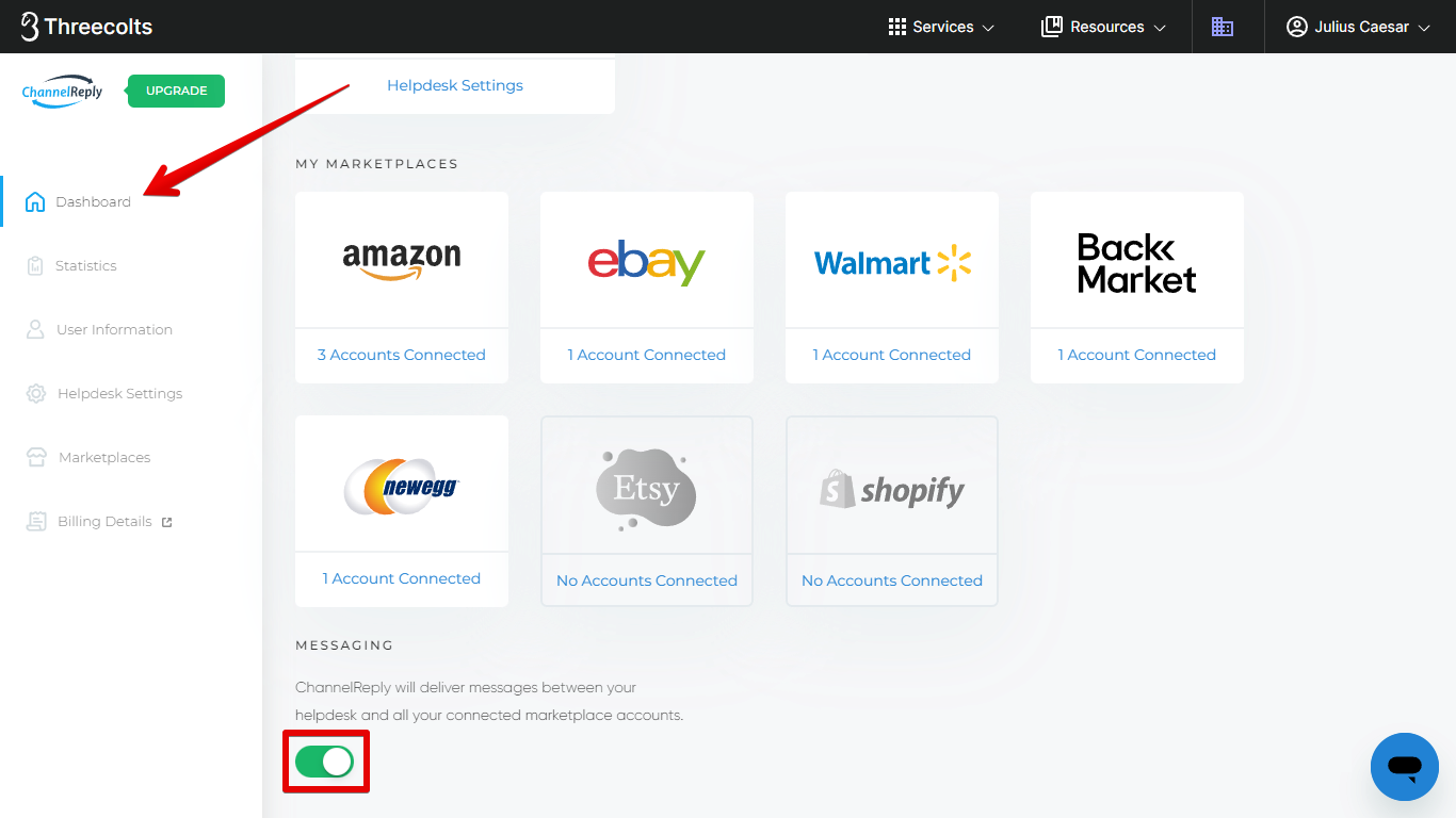 ChannelReply Dashboard in main menu and Messaging slider enabled