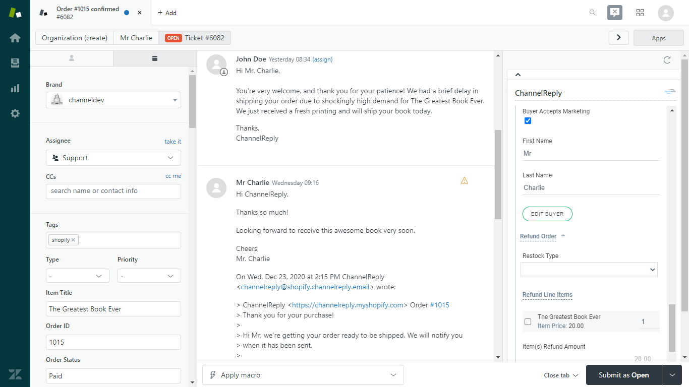 Refund Shopify Order in Zendesk