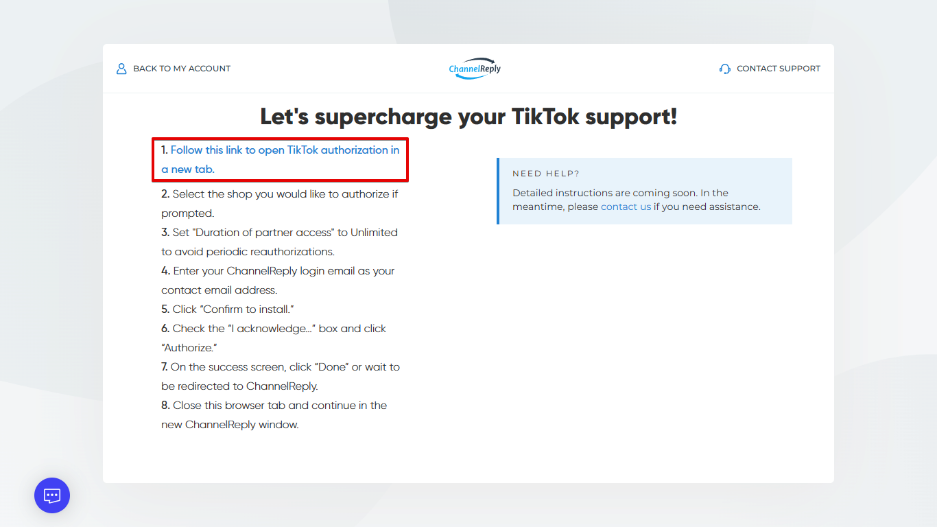 Hyperlinked text reading Follow this link to open TikTok authorization in a new tab