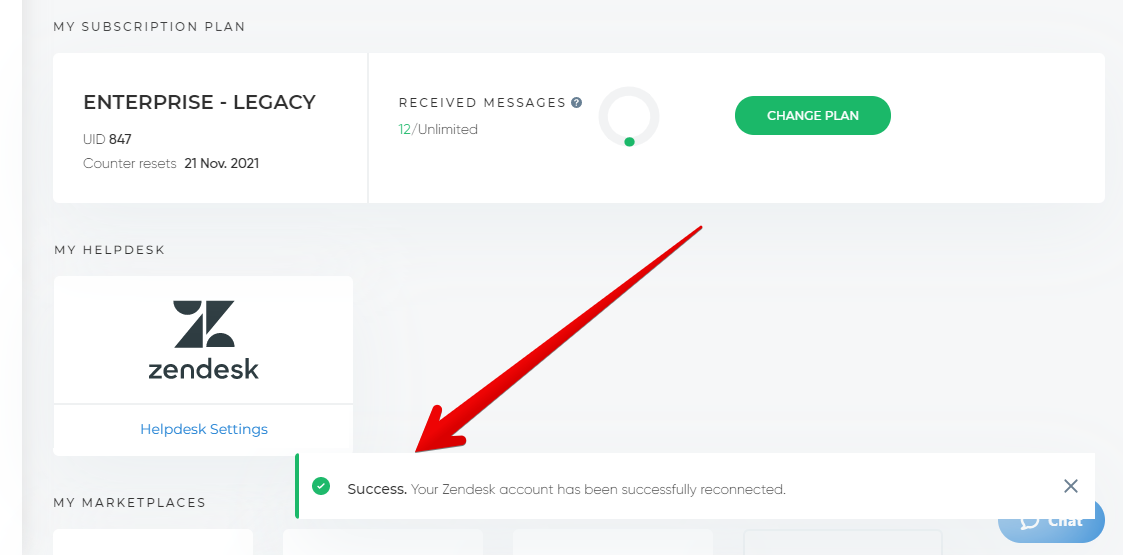 Success notification in Helpdesk Settings