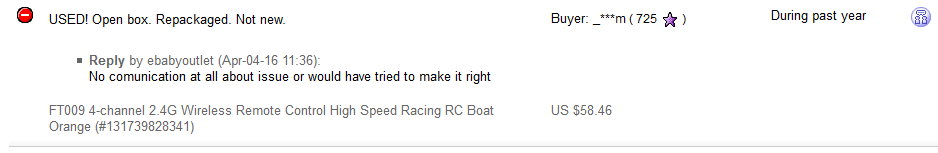 Seller's Explanation for Negative eBay Feedback