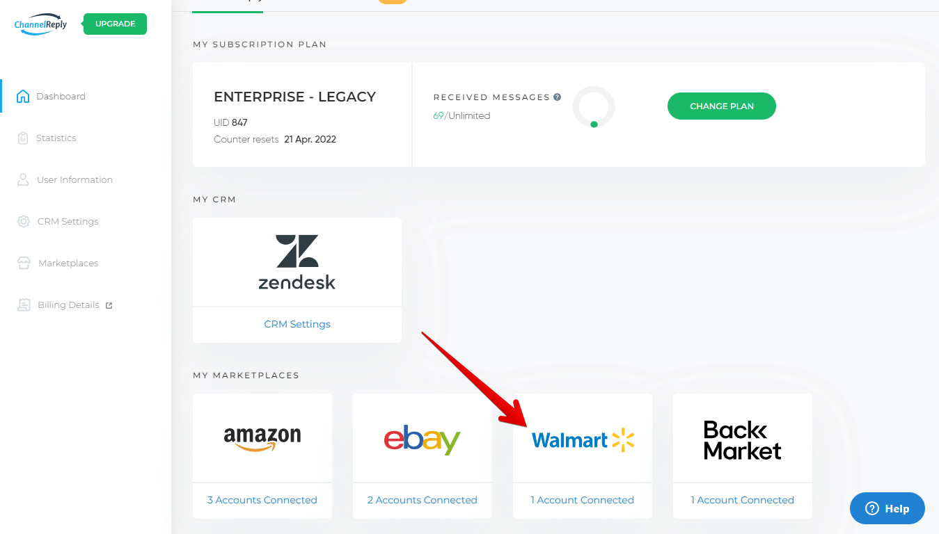 Walmart Button on the ChannelReply Dashboard