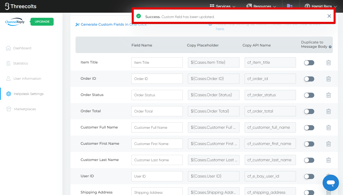 Success message that appears when a deleted custom field is recreated