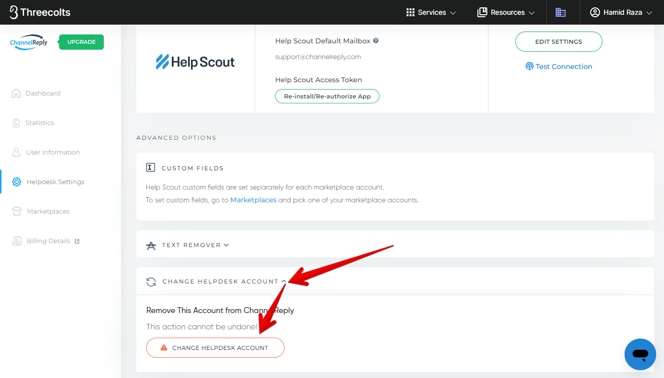 Change Helpdesk Account Button