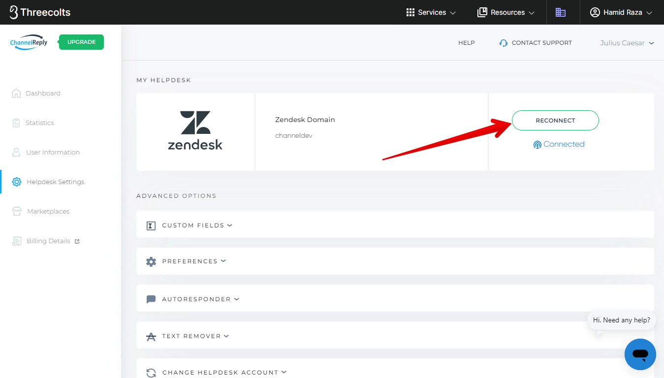 Reconnect Button in Helpdesk Settings