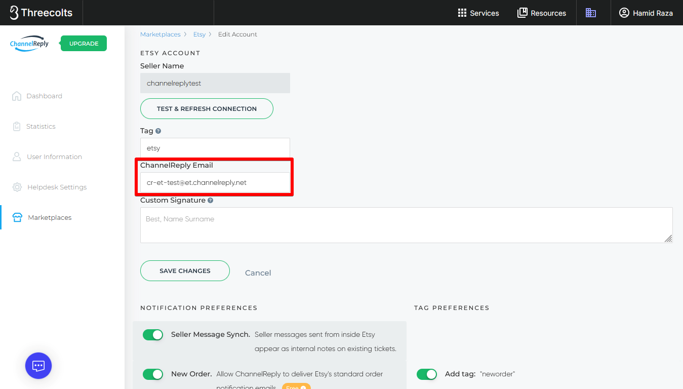 ChannelReply Email associated with an Etsy account